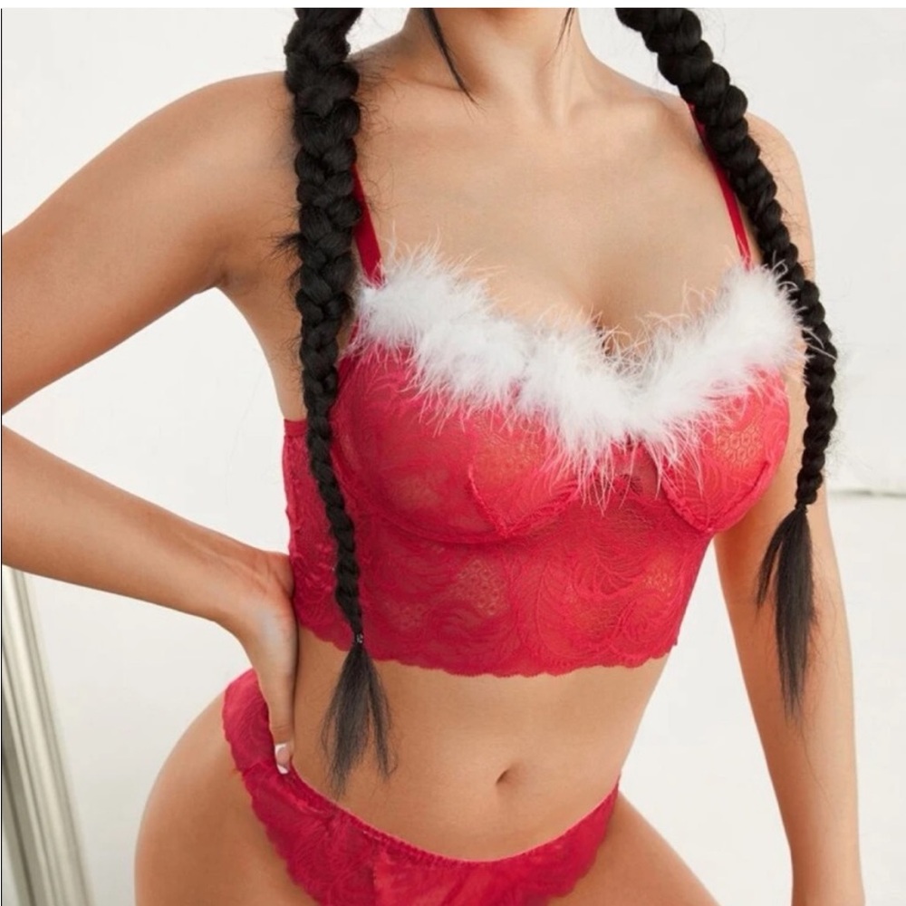 White Faux Fur Trim Red Lace Christmas Lingerie - Picture 3 of 4